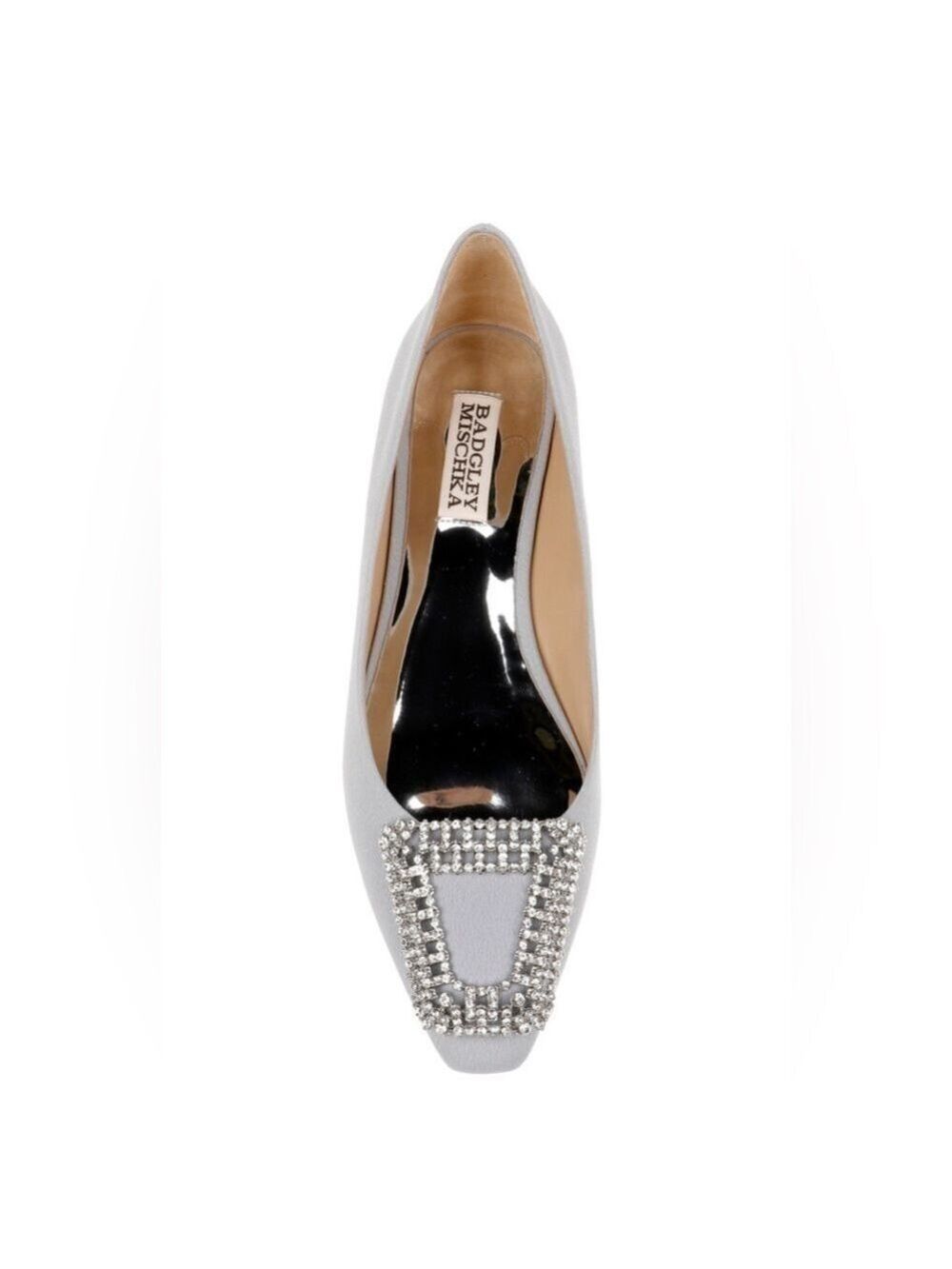 Badgley Mischka Emerie Embellished Crystal Buckle Satin Silver Slip on Flats NWT - Picture 2 of 13